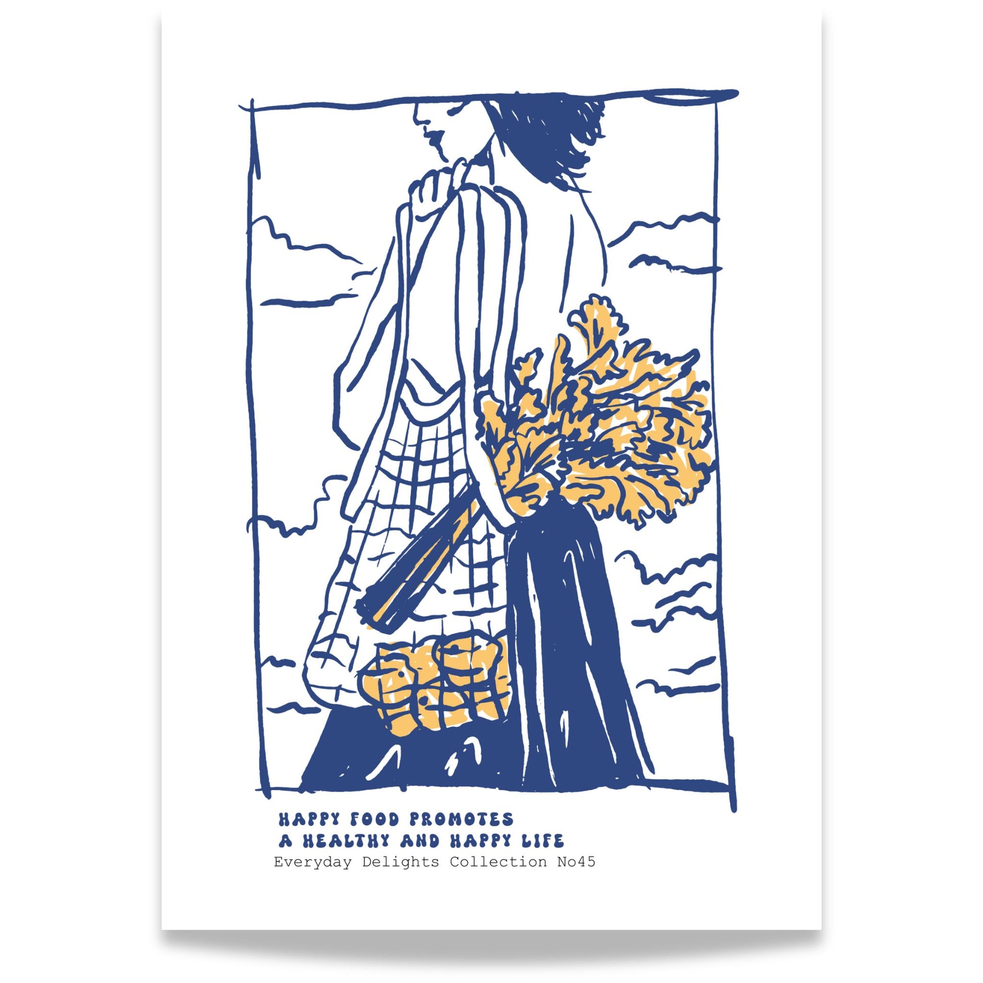 Everyday Delights No45 – Kvinne med blomster og vesket – blå strekplakat med tekst.

