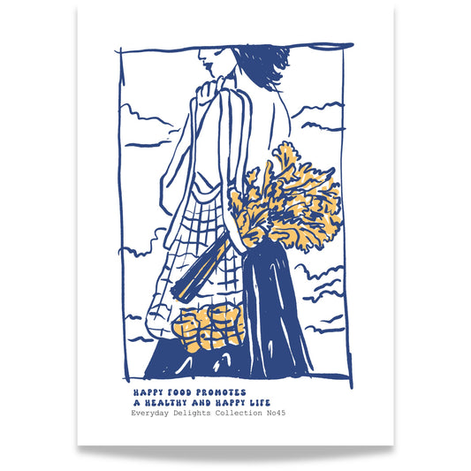 Everyday Delights No45 – Kvinne med blomster og vesket – blå strekplakat med tekst.
