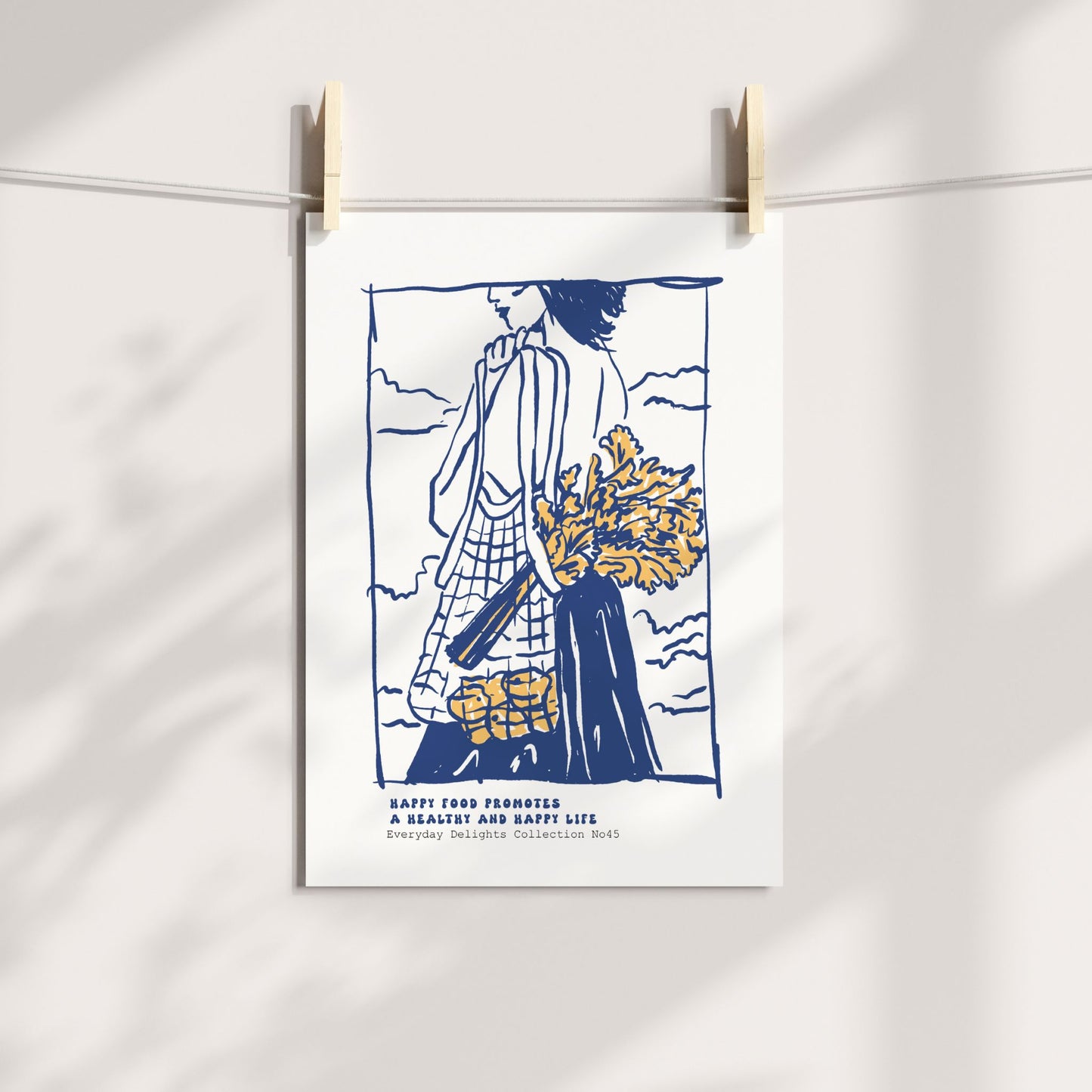 Everyday Delights No45 – Kvinne med blomster og vesket – blå strekplakat med tekst. Illustrasjon viser plakat på print.