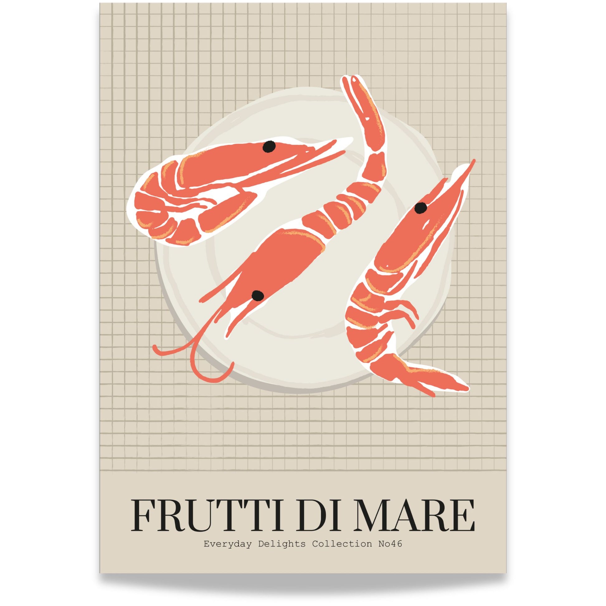 Everyday Delights No46 – Reker på fat – grafisk sjømatplakat med teksten “Frutti di Mare”.