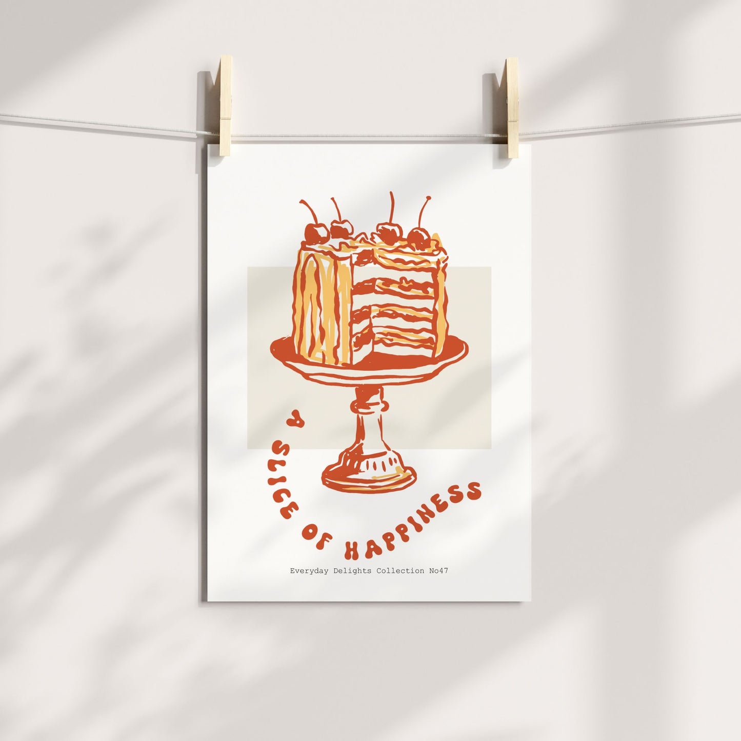 Everyday Delights No47 – Kake med kirsebær – dessertplakat med tekstbue. Illustrasjon viser plakat å print.