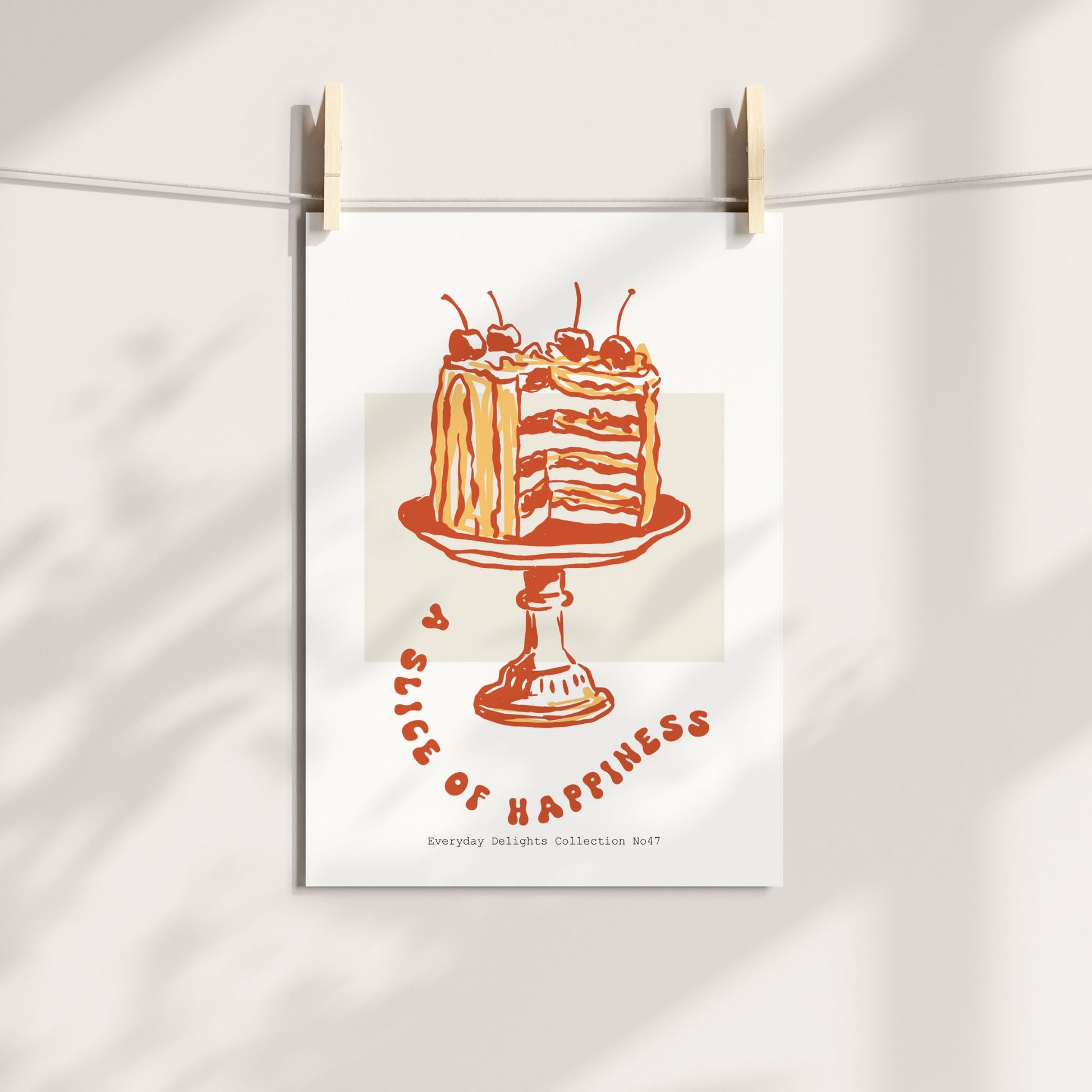 Everyday Delights No47 – Kake med kirsebær – dessertplakat med tekstbue. Illustrasjon viser plakat å print.