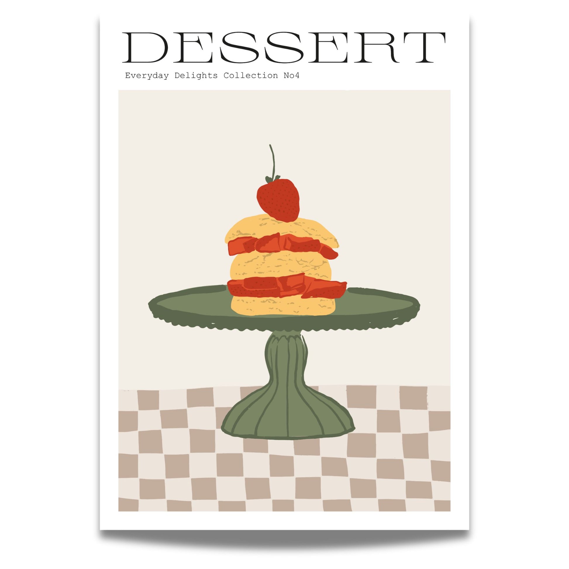 En grafisk plakat som viser et fristende lagkakestykke på grønn kakefat, perfekt for dessertelskeren og den som setter pris på vintage estetikk.