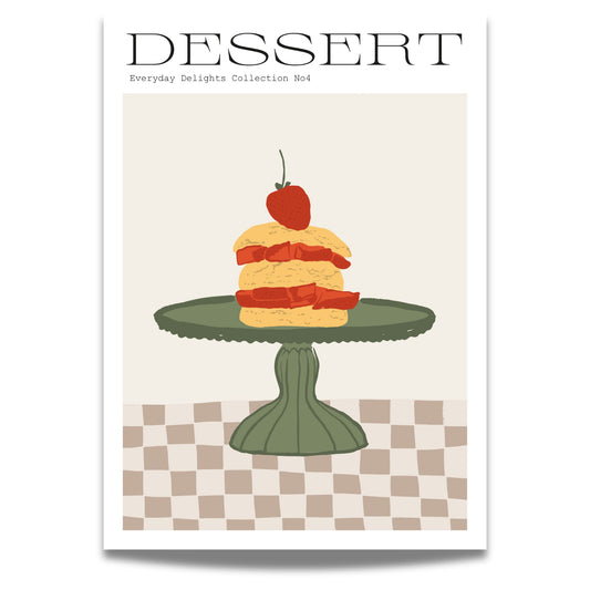 En grafisk plakat som viser et fristende lagkakestykke på grønn kakefat, perfekt for dessertelskeren og den som setter pris på vintage estetikk.