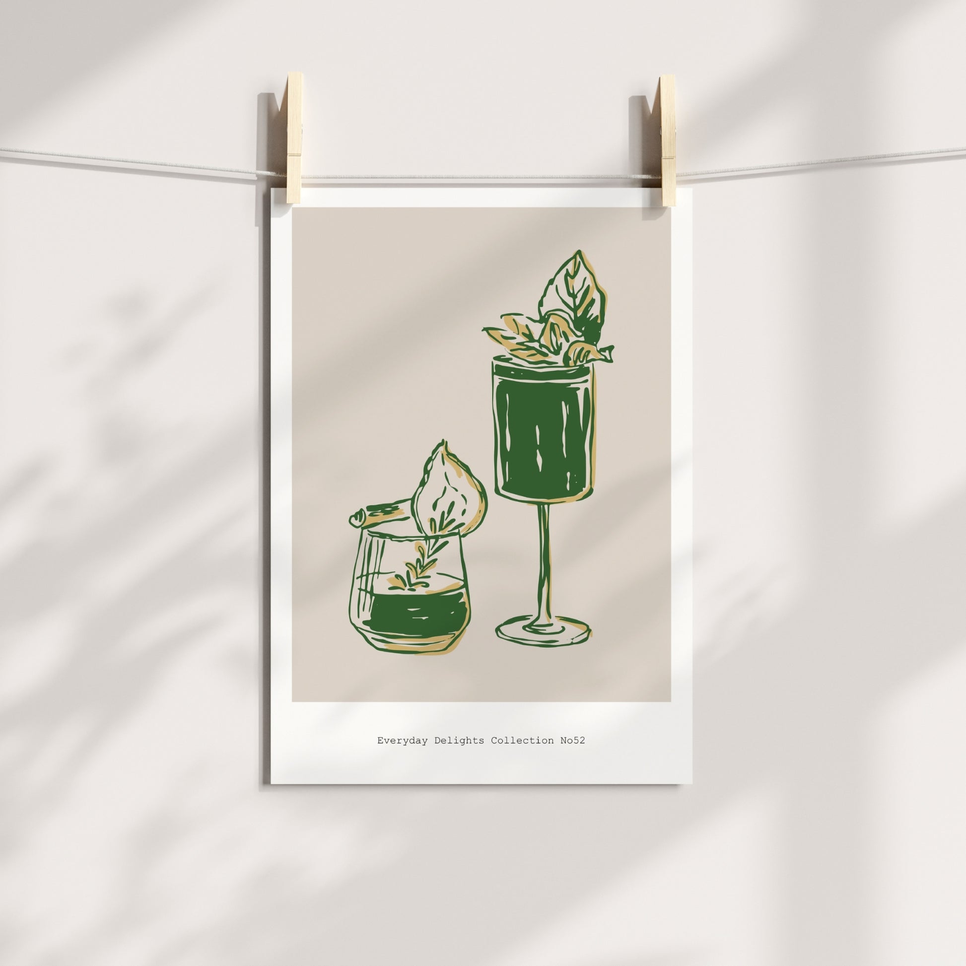Et dobbelmotiv med moderne former – frisk, rolig og perfekt som kjøkkendekor. Illustrasjon viser plakat på print.