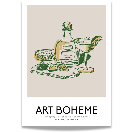 En liten scenografi av flasker og lime med teksten Art Bohème – rustikk og elegant.