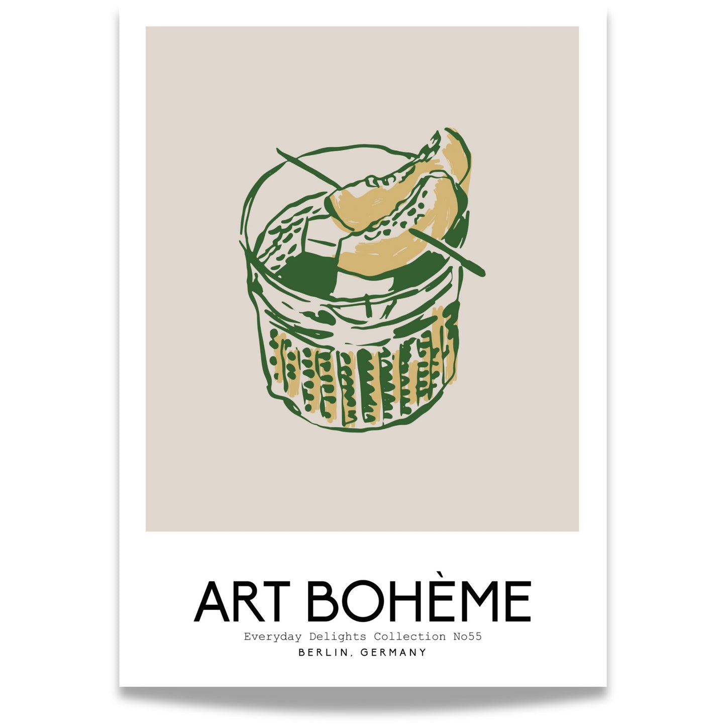 En kunstnerisk cocktailillustrasjon med isbiter og melonskive – elegant komponert i grønn strekstil med gule detaljer.