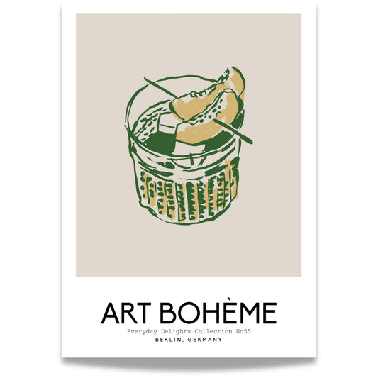 En kunstnerisk cocktailillustrasjon med isbiter og melonskive – elegant komponert i grønn strekstil med gule detaljer.