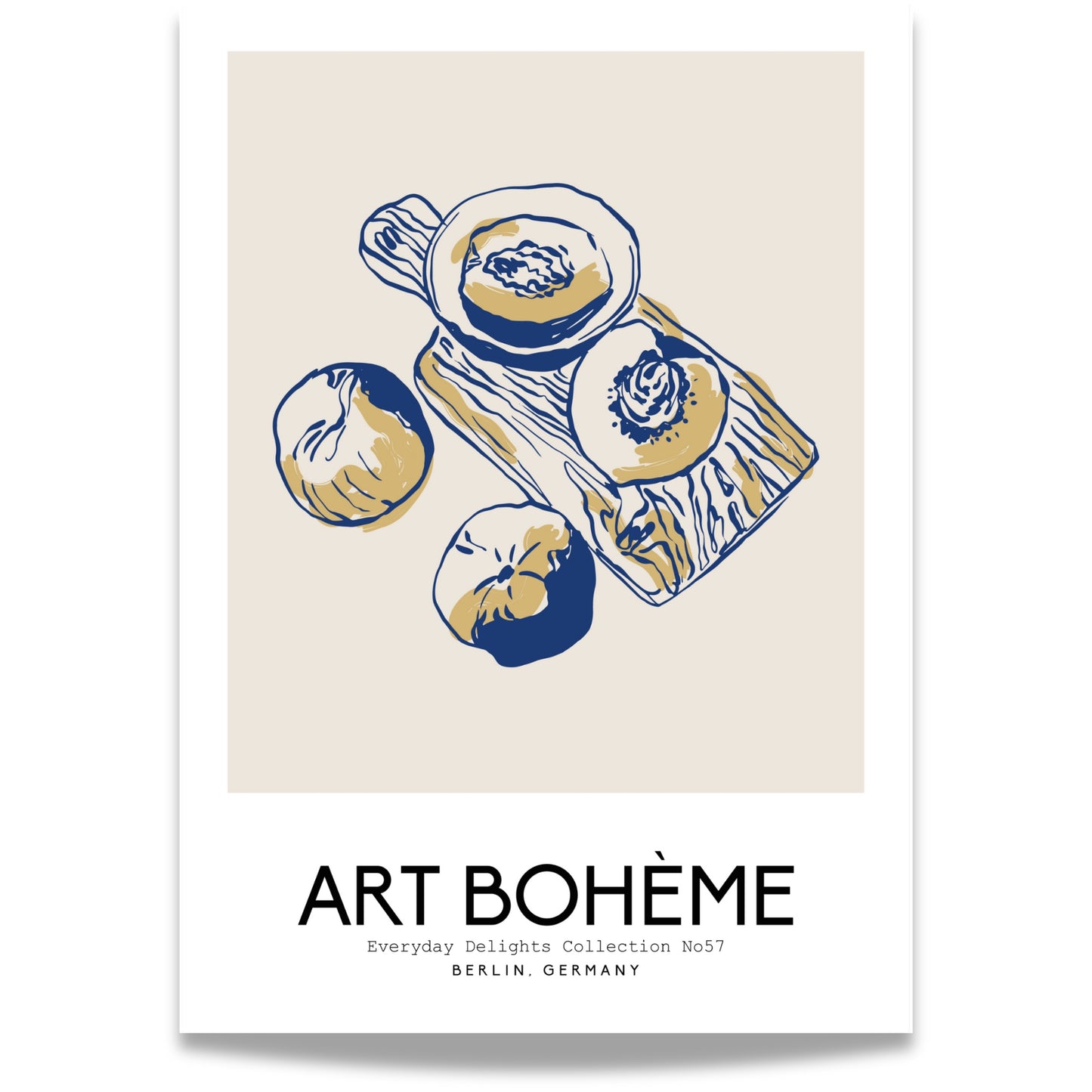Et moderne stilleben med frukt og serveringsbrett – illustrert med blå pennestrøk og tekst Art Bohème.