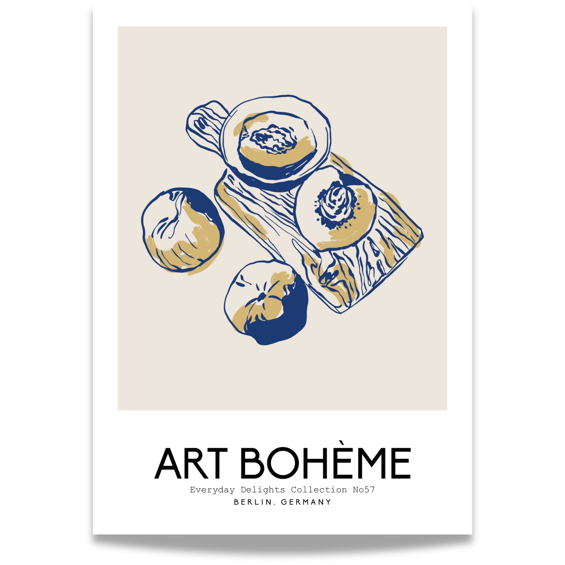 Et moderne stilleben med frukt og serveringsbrett – illustrert med blå pennestrøk og tekst Art Bohème.