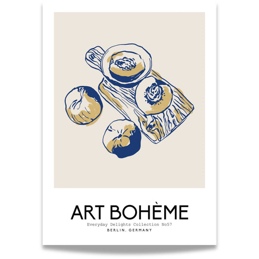 Et moderne stilleben med frukt og serveringsbrett – illustrert med blå pennestrøk og tekst Art Bohème.