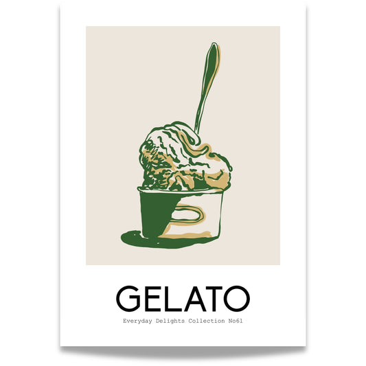 Klassisk grønn is i papirbeger med skje – teksten Gelato gir nostalgisk italiensk følelse.