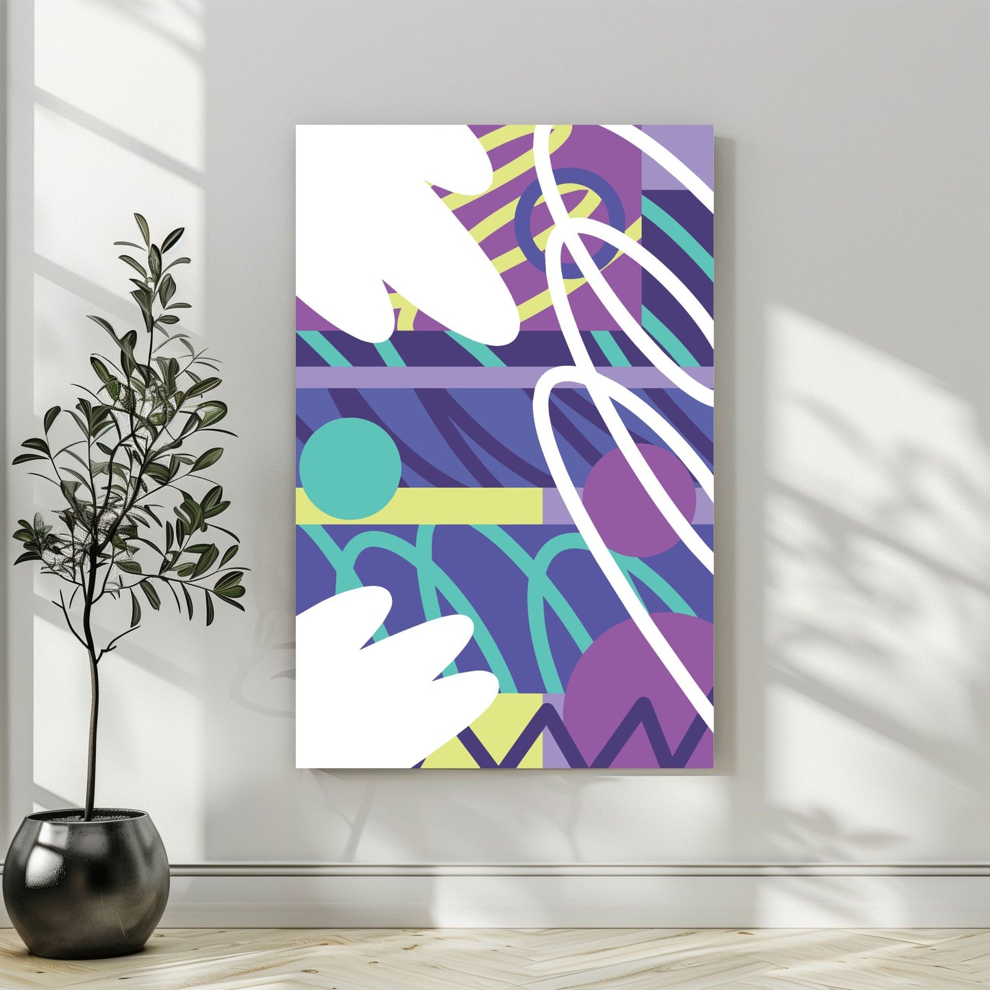 "Experimental Art" – Grafisk serie designet for å fange øyets. Med nyanser av lilla, mint, blått og hvitt, tilbyr denne serien en frisk og dynamisk estetikk som passer perfekt inn i moderne innredningsstiler. Illustrasjonsbilde som viser motivet på lerret.