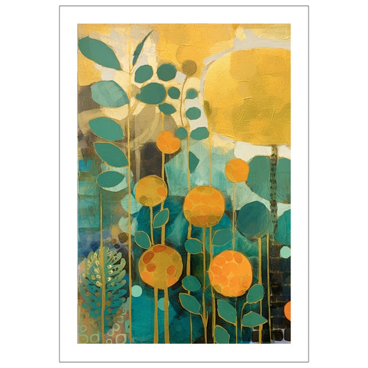 Floral Art No1 - Grafisk akvarell i grønne og oransje fargetoner. Plakat og lerret.
