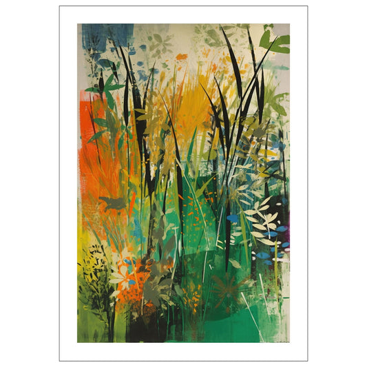 Floral Art No3 - Grafisk maleri i grønn, oransje, gul og beige fargetoner. Plakat og lerret.