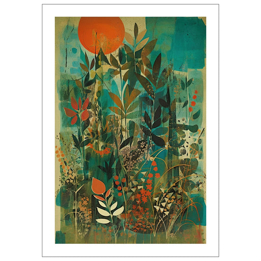 Floral Art No4 - Grafisk maleri i grønn, oransje og brune fargetoner. Plakat og lerret.