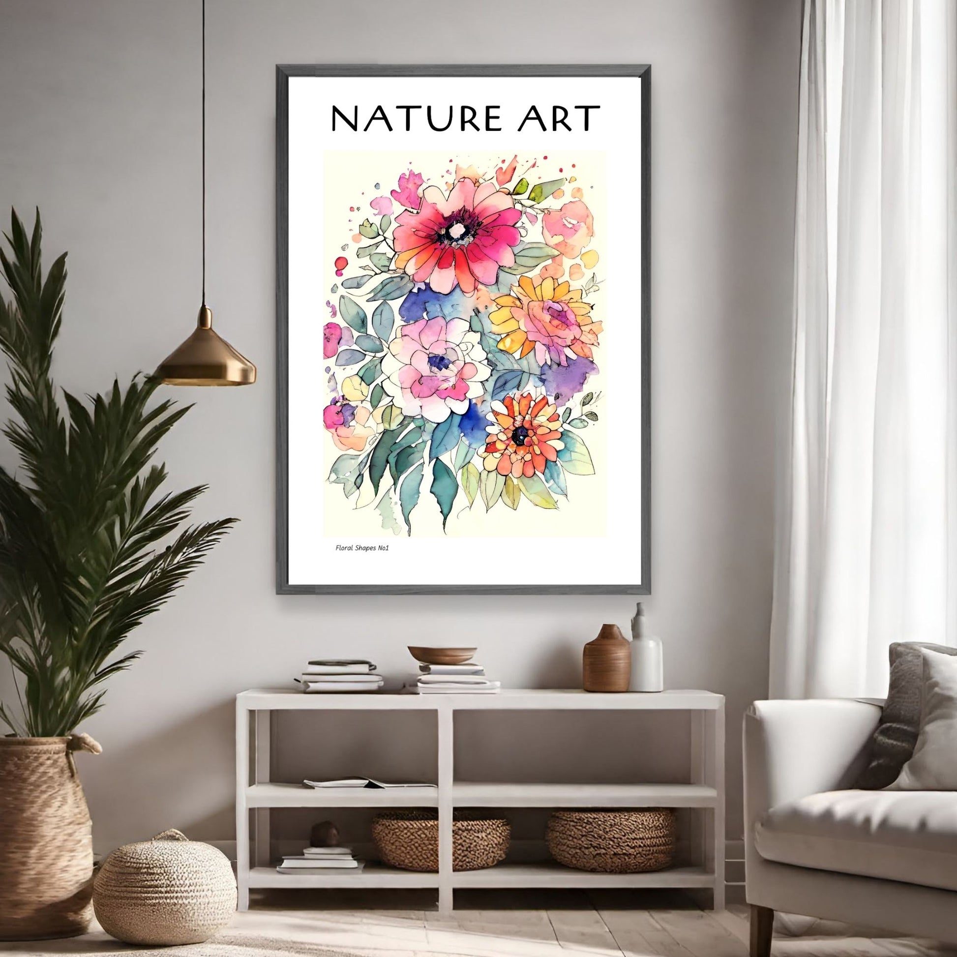 grafisk akvarell med abstrakte og fargerike blomstermotiver. Illustrasjonsfoto viser lakat i sort ramme som henger på en vegg på en stue.