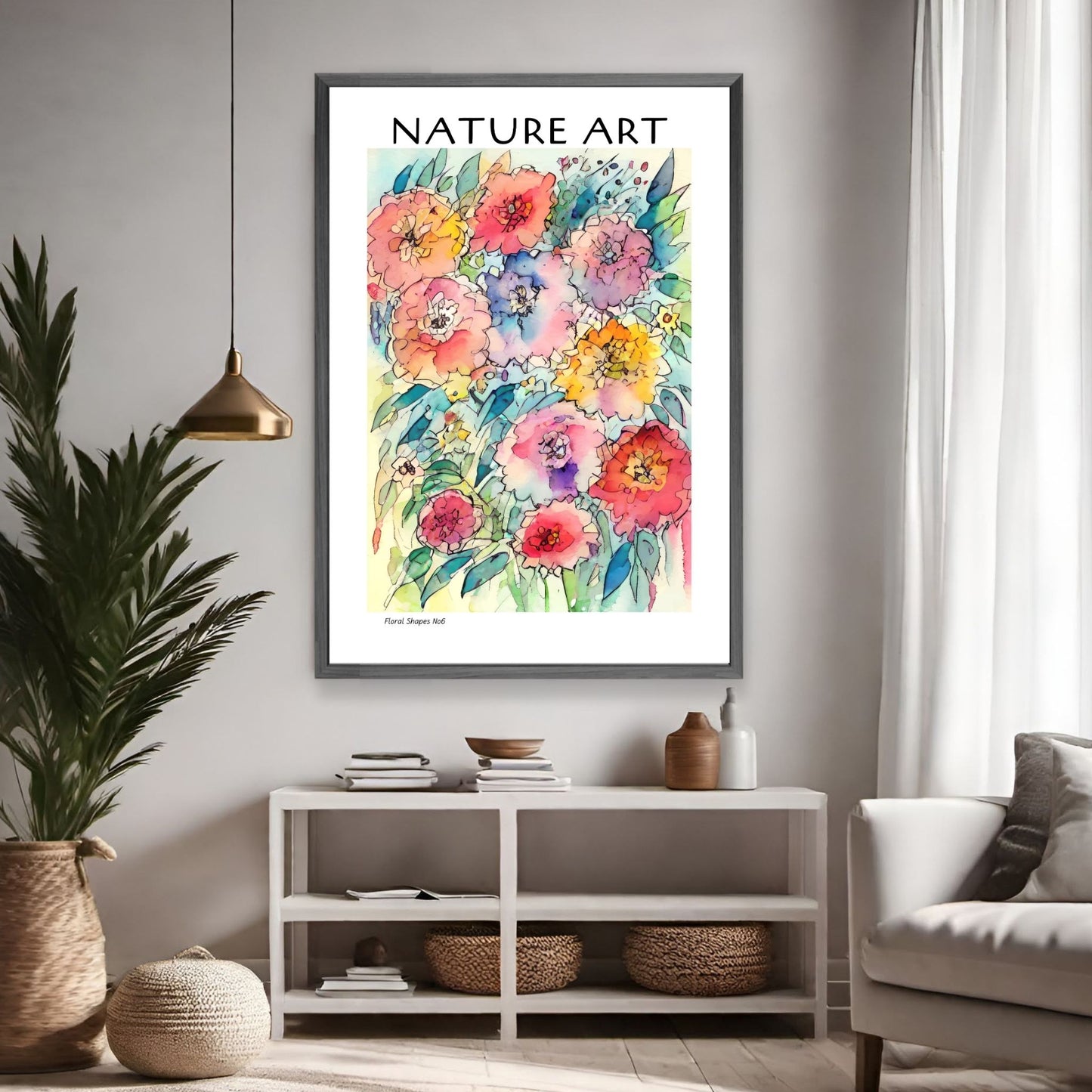 grafisk akvarell med abstrakte og fargerike blomstermotiver. Illustrasjonsfoto viser lakat i sort ramme som henger på en vegg på en stue.