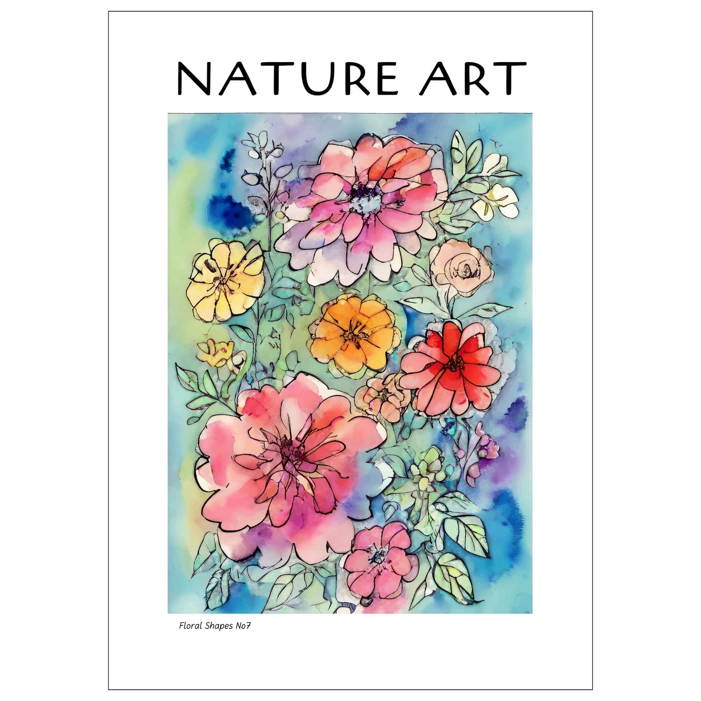 grafisk akvarell med abstrakte og fargerike blomstermotiver.