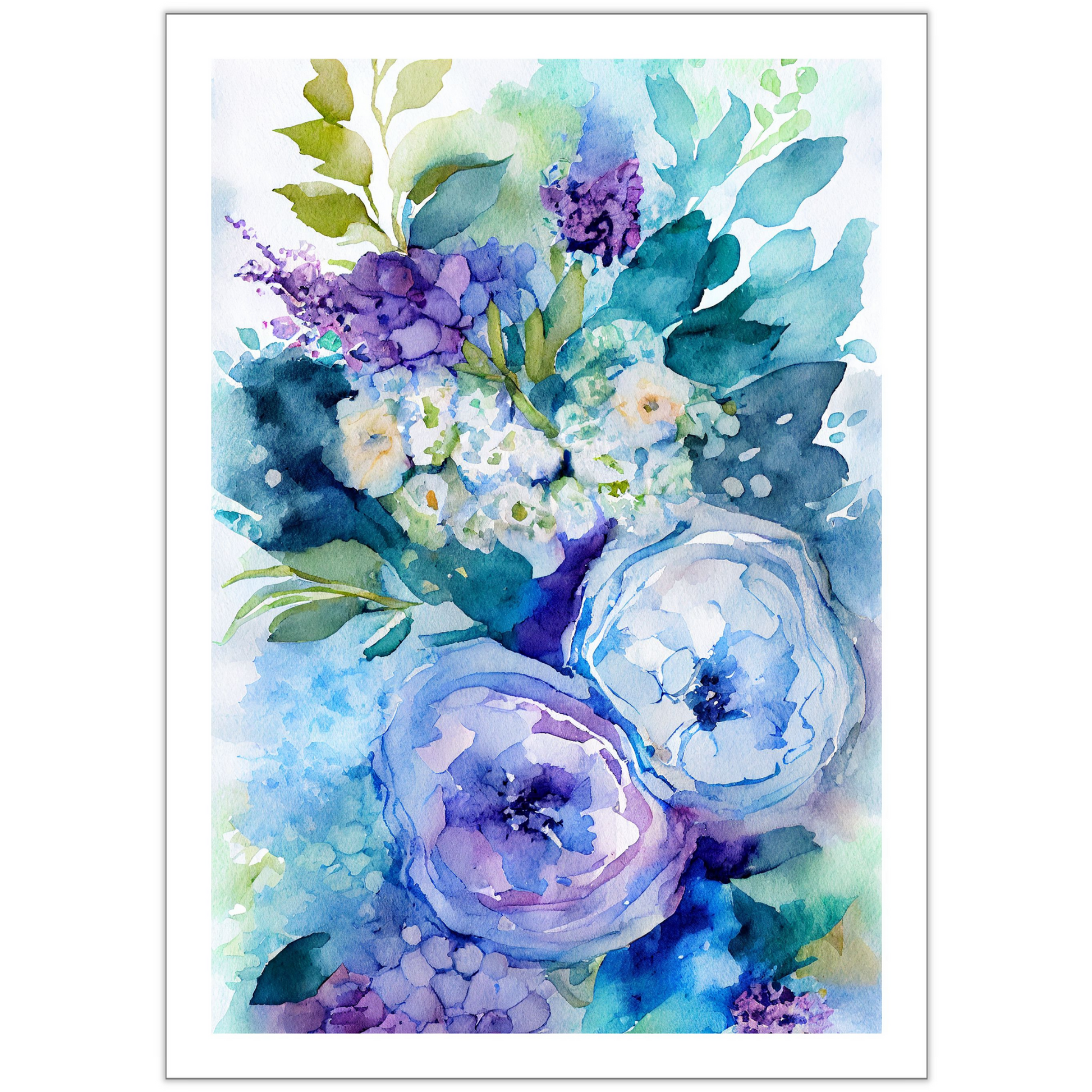 Blomstermotiv i vannfarger i nyanser grønn, beige, blå og lilla. Plakaten har hvit dekorativ kant rundt.