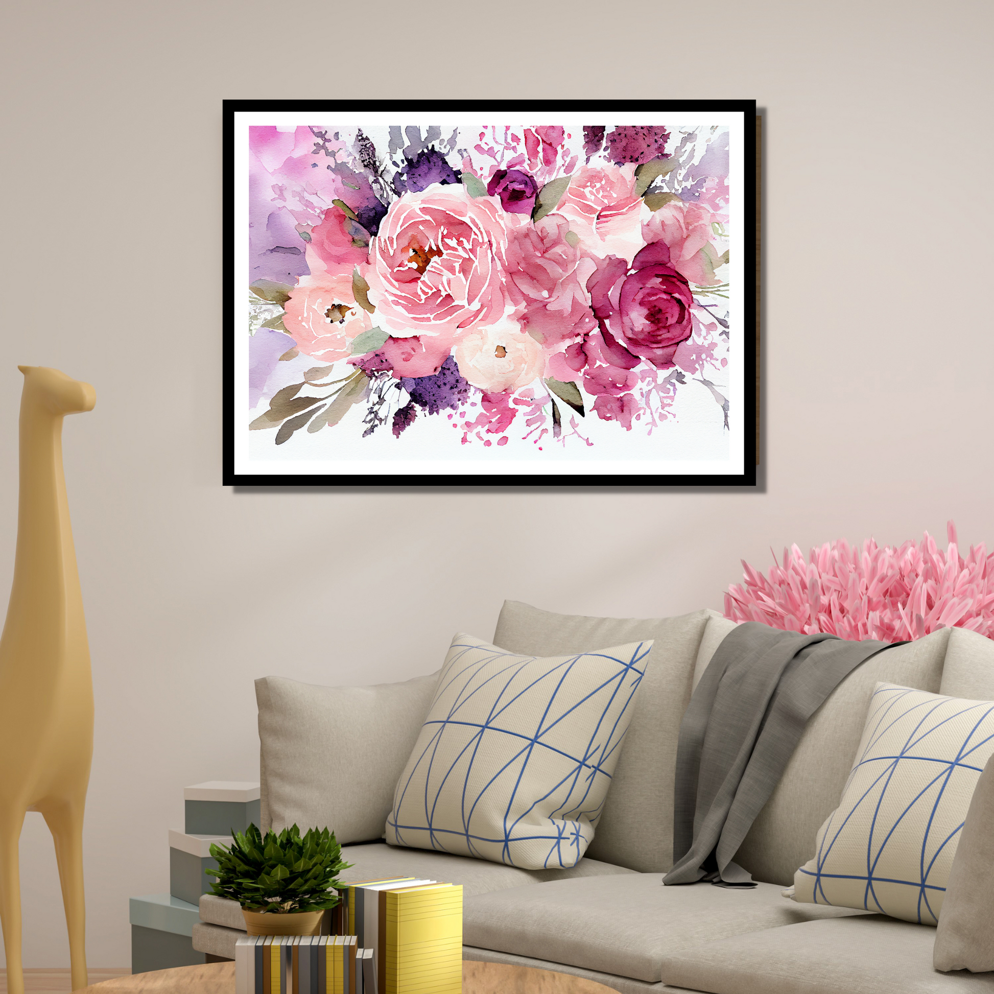 Blomstermotiv i vannfarger i nyanser burgunder, rosa og lillan. Plakaten har hvit dekorativ kant rundt.