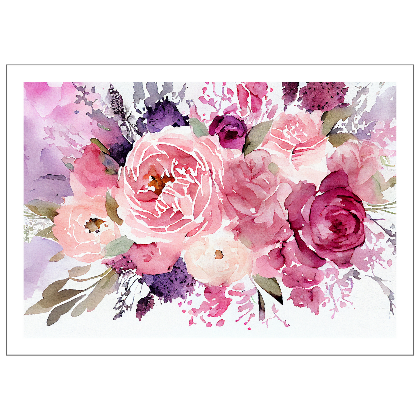 Blomstermotiv i vannfarger i nyanser burgunder, rosa og lillan. Plakaten har hvit dekorativ kant rundt.