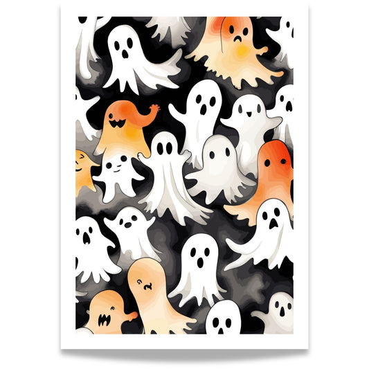 Gi hjemmet ditt et leken og festlig preg denne Halloween med Friendly Ghost Parade, en Halloween-plakat fylt med sjarmerende spøkelser i en rekke uttrykk og farger.