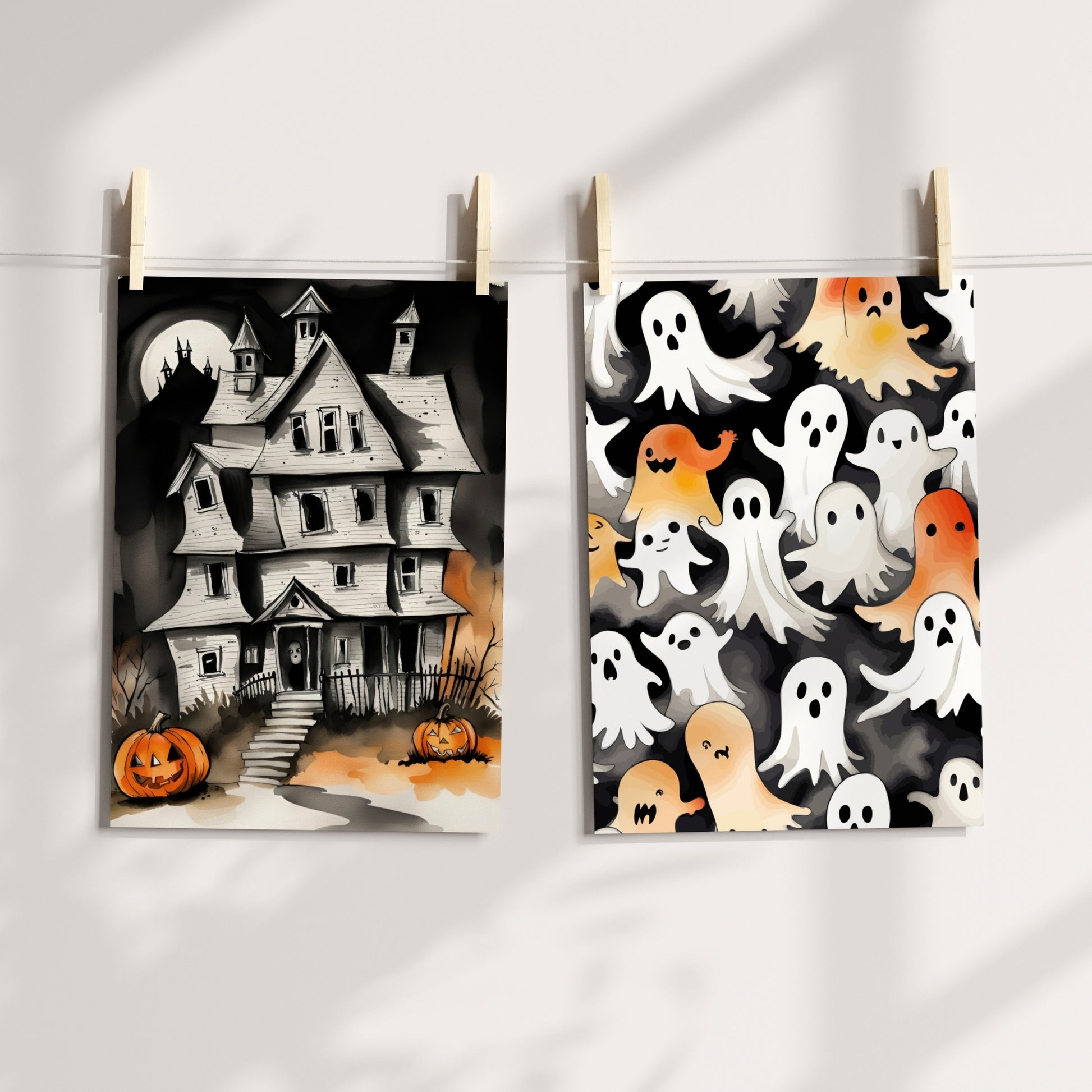 Gi hjemmet ditt et leken og festlig preg denne Halloween med Friendly Ghost Parade, en Halloween-plakat fylt med sjarmerende spøkelser i en rekke uttrykk og farger. Illustrasjon viser plakat på print hengt opp med klyper på en snor.