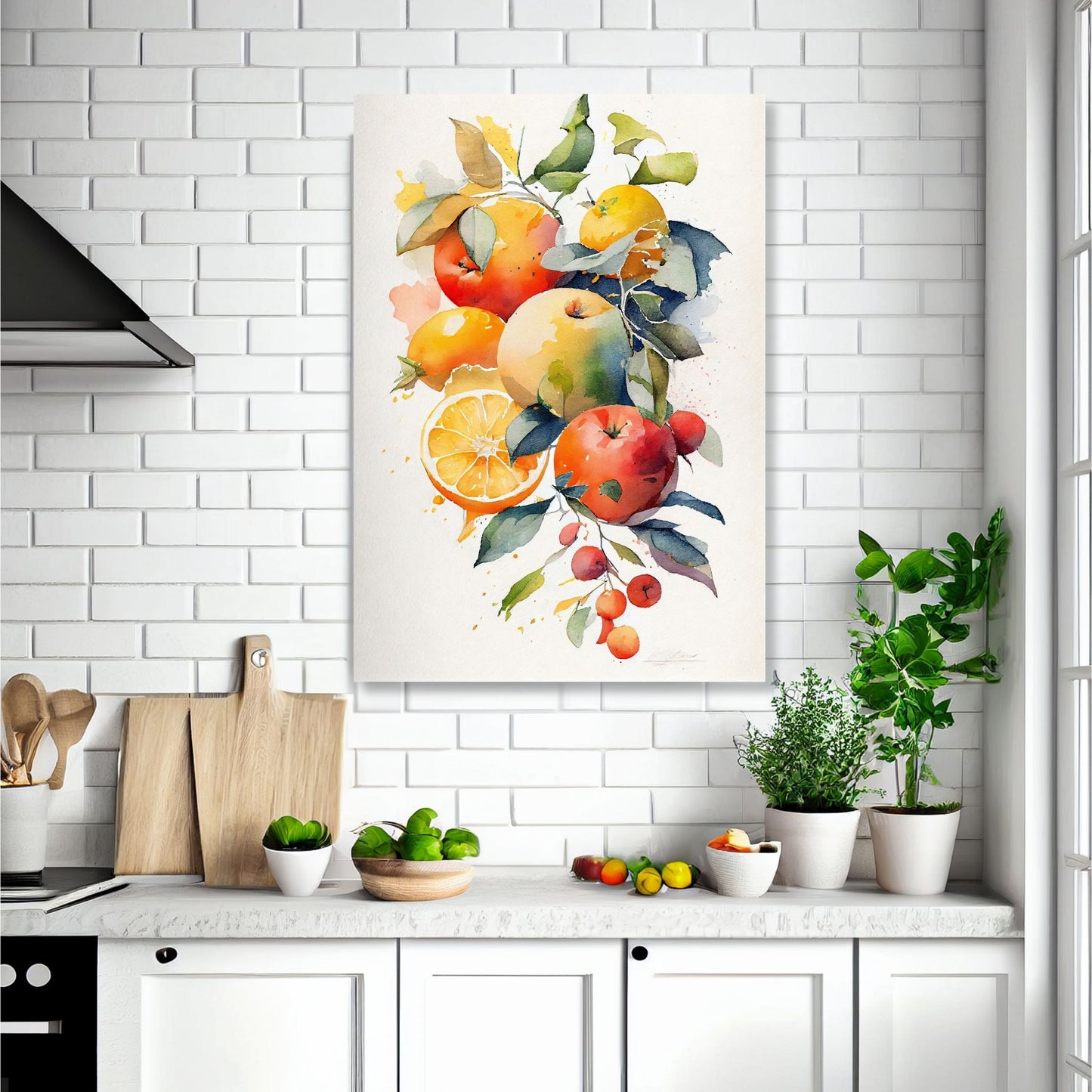 Grafisk akvarell med appelsin og gren med epler. Illustrasjonen viser motiv som lerret på en vegg over en kjøkkenbenk.