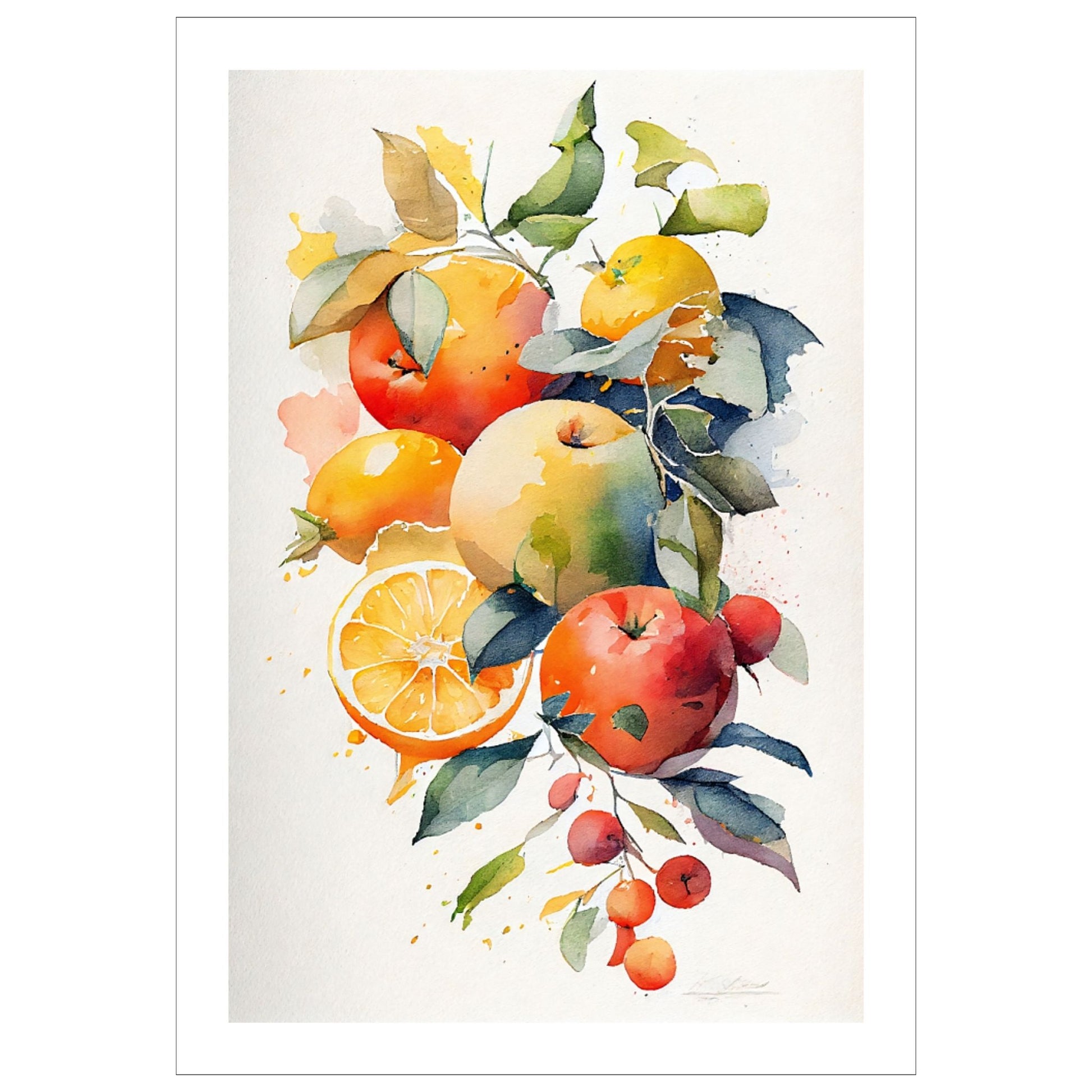 Grafisk akvarell med appelsin og gren med epler.