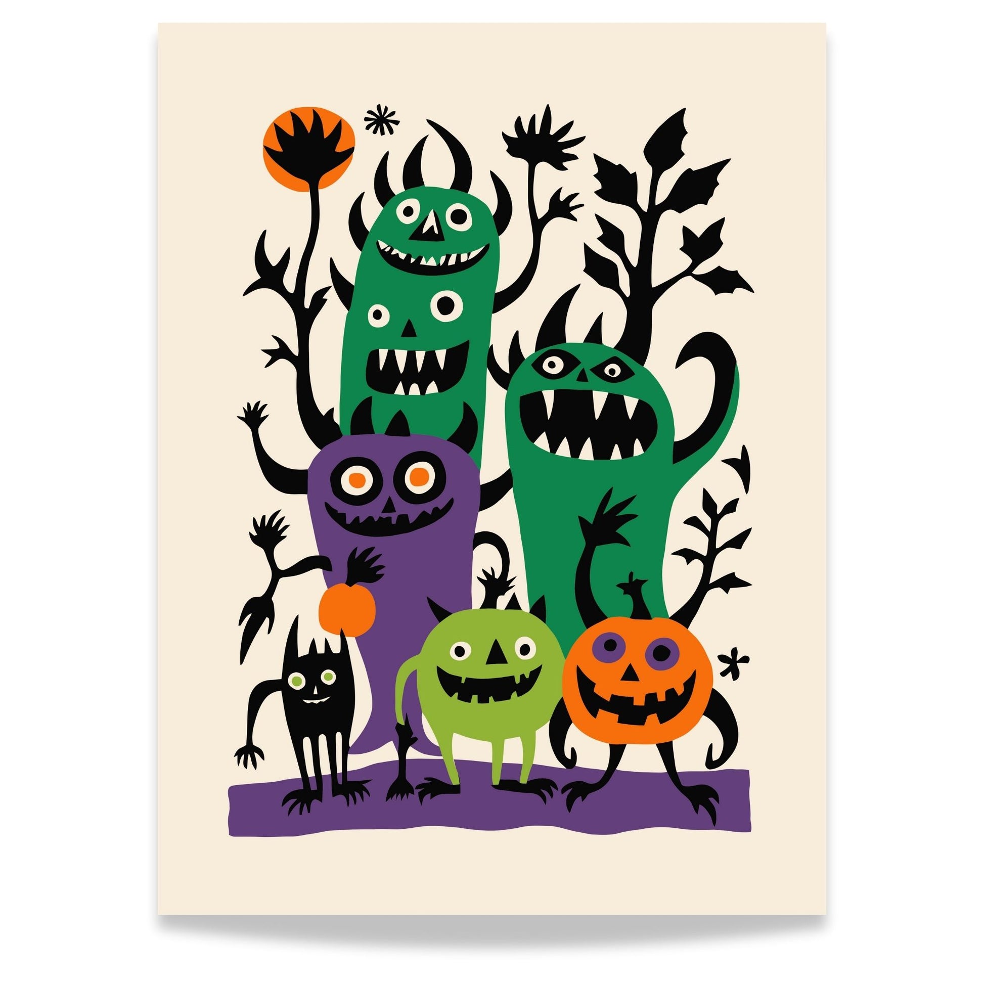 Halloween Monsterplakaten fylt med morsomme og fargerike monstre i lilla, grønt, svart og oransje, alle med skremmende smil og skumle uttrykk.