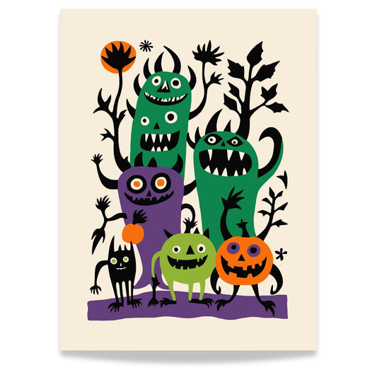 Halloween Monsterplakaten fylt med morsomme og fargerike monstre i lilla, grønt, svart og oransje, alle med skremmende smil og skumle uttrykk.