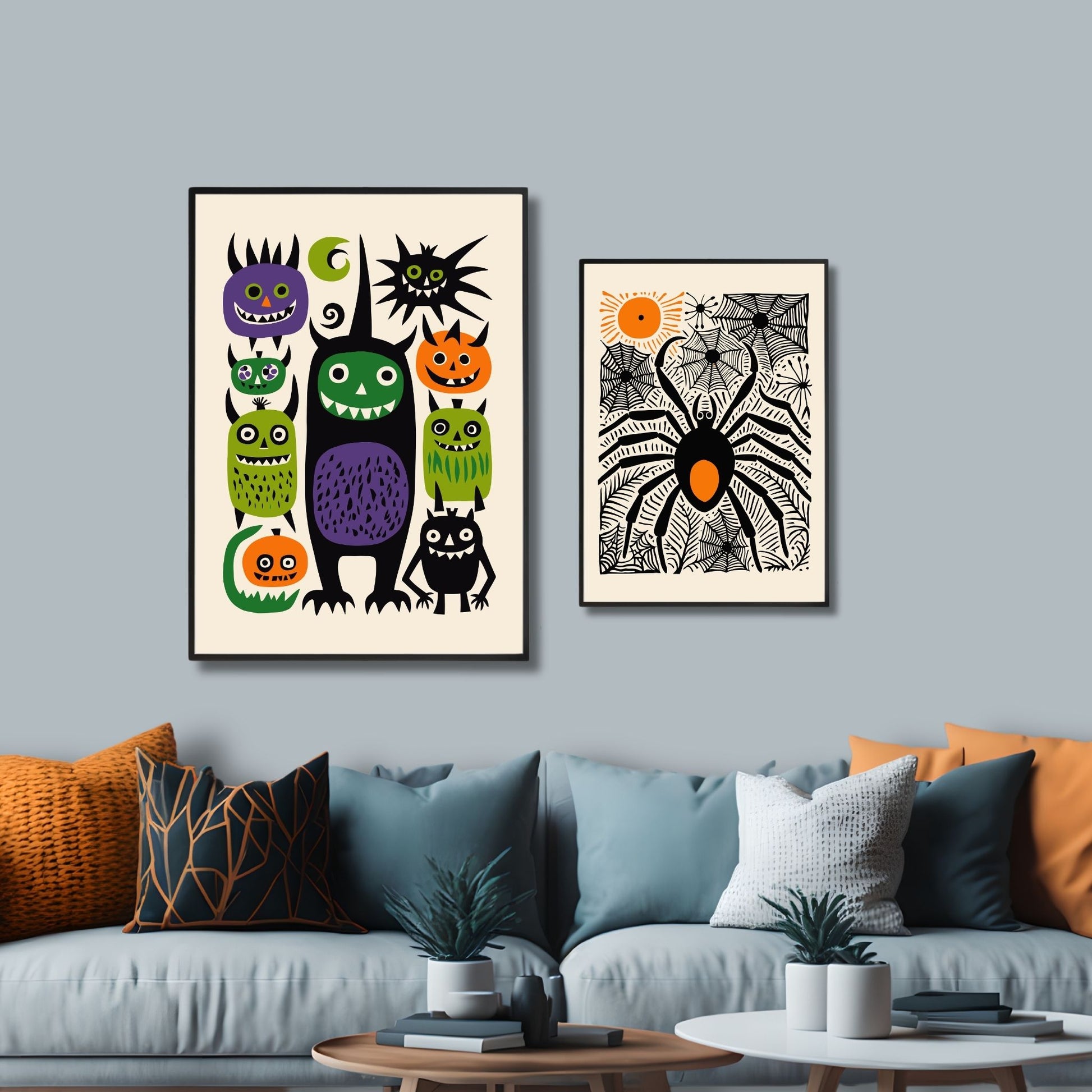 Morsomme og fargerike halloween monstre i lilla, grønt, svart og oransje, som alle har brede, skremmende smil og skumle uttrykk. Illustrasjonsfoto viser plakat i sort ramme.