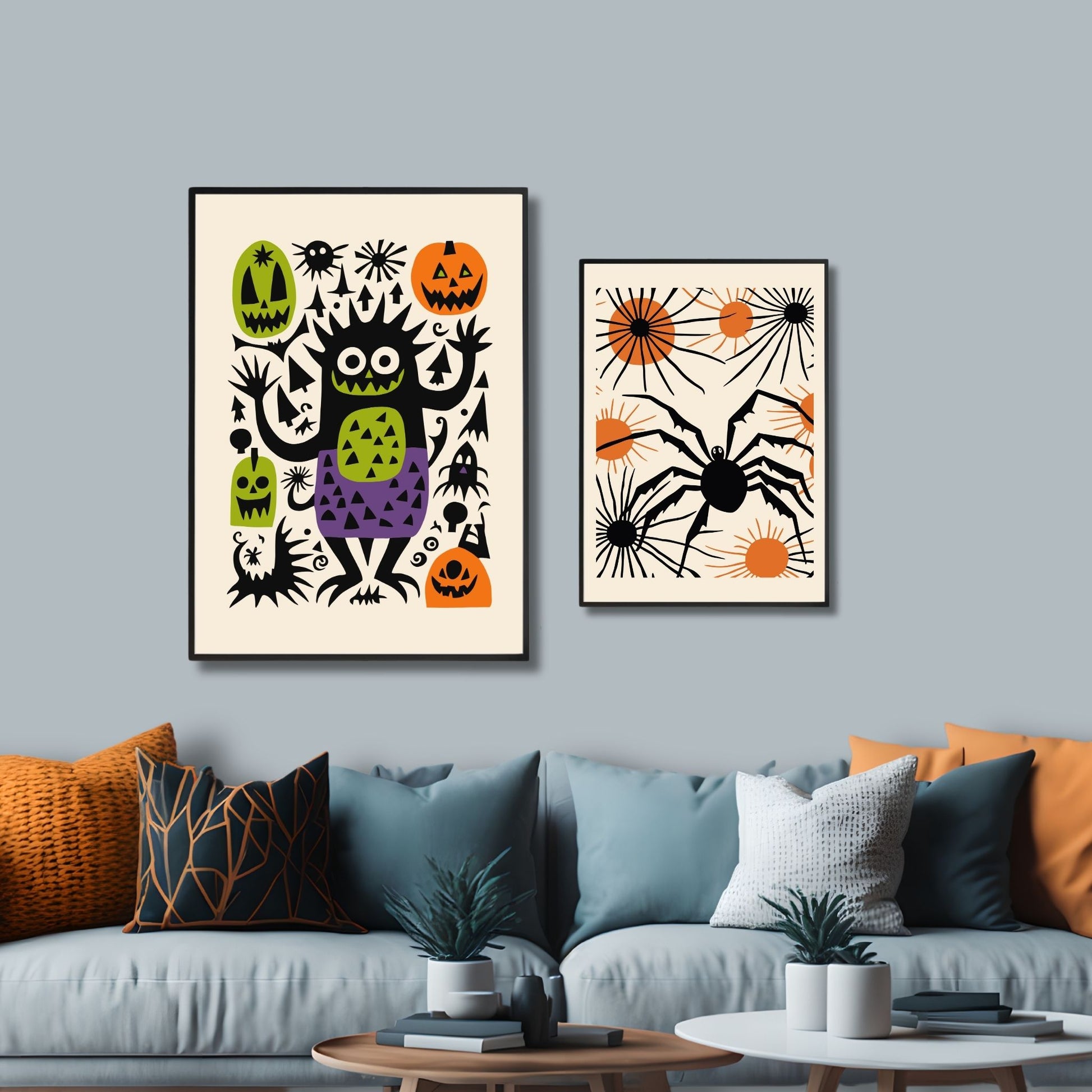 Halloween Monsterplakat fylt med livlige farger og morsomme Halloween-ikoner, inkludert monstre, gresskar og spøkelser. Illustrasjonsfoto viser plakat i sort ramme.