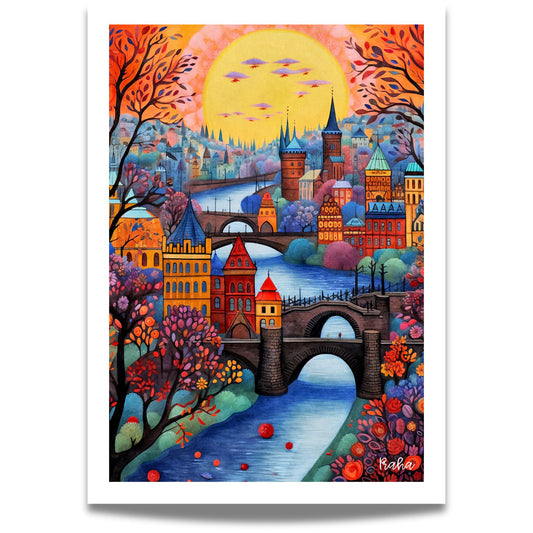 En fargerik og livlig illustrasjon av Praha ved solnedgang med Karlsbroen i sentrum.