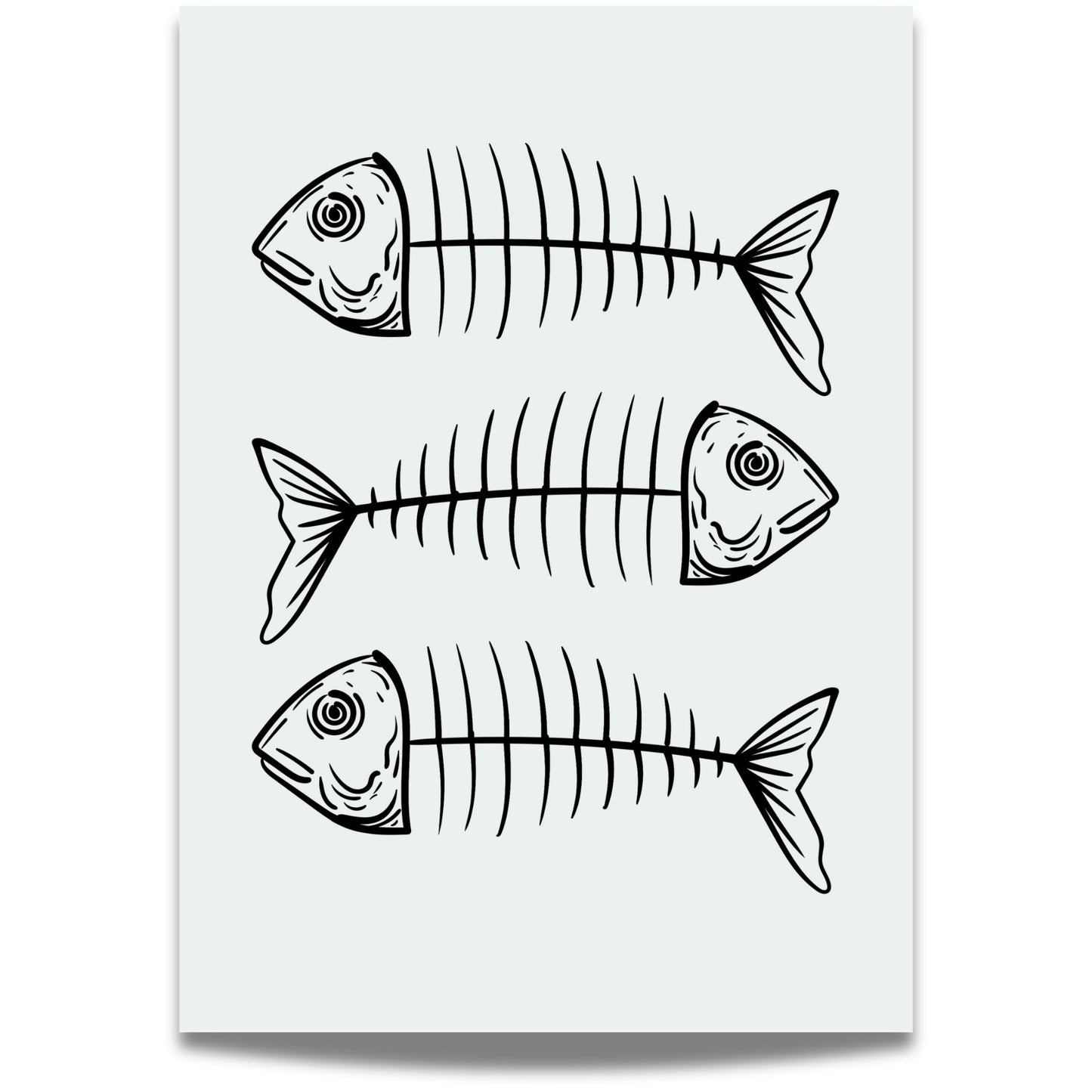 FISKEBEIN – grafisk plakat er en humoristisk og moderne illustrasjon med tre stiliserte fiskeskjelett, gjengitt i sort strek på lys bakgrunn
