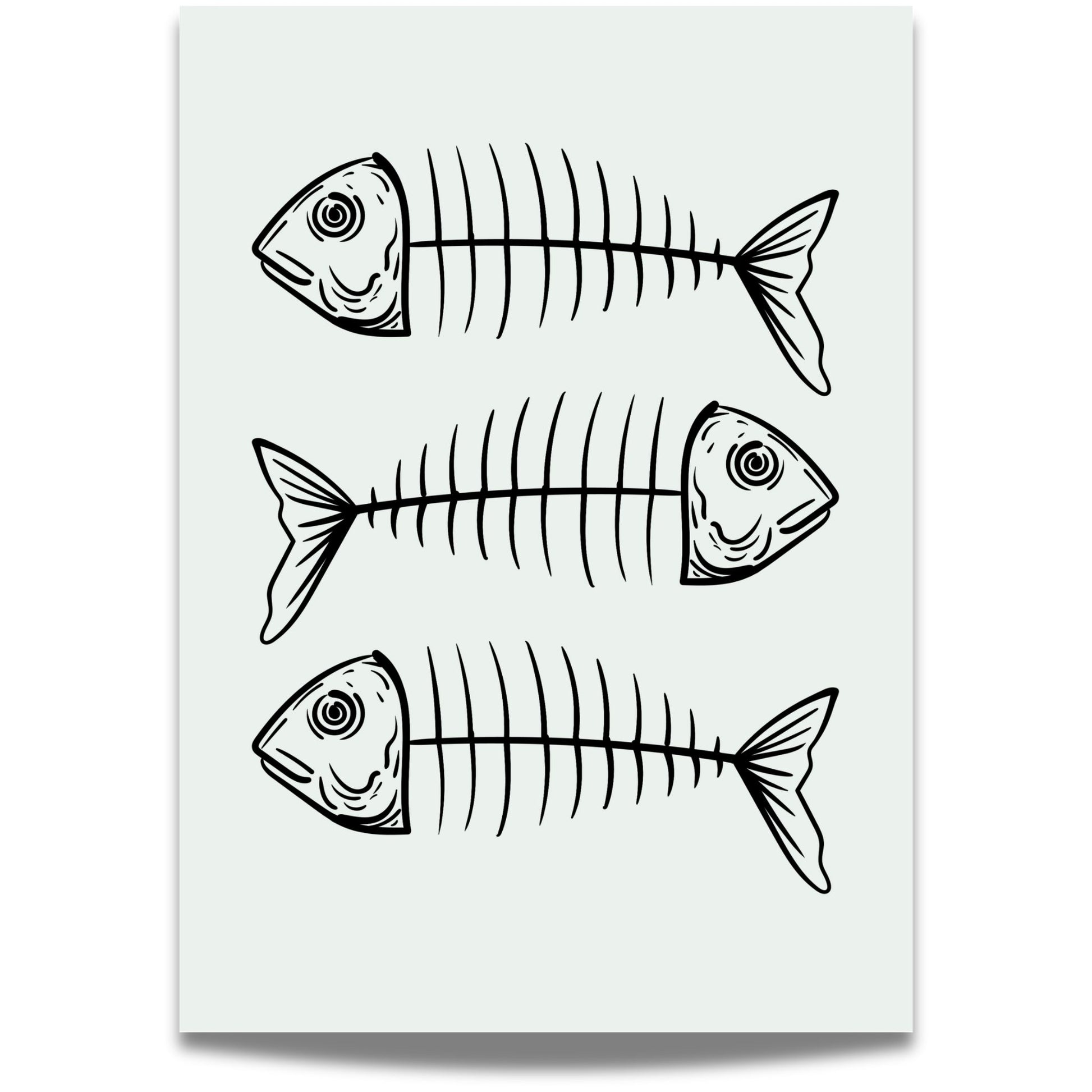 FISKEBEIN – grafisk plakat er en humoristisk og moderne illustrasjon med tre stiliserte fiskeskjelett, gjengitt i sort strek på lys bakgrunn
