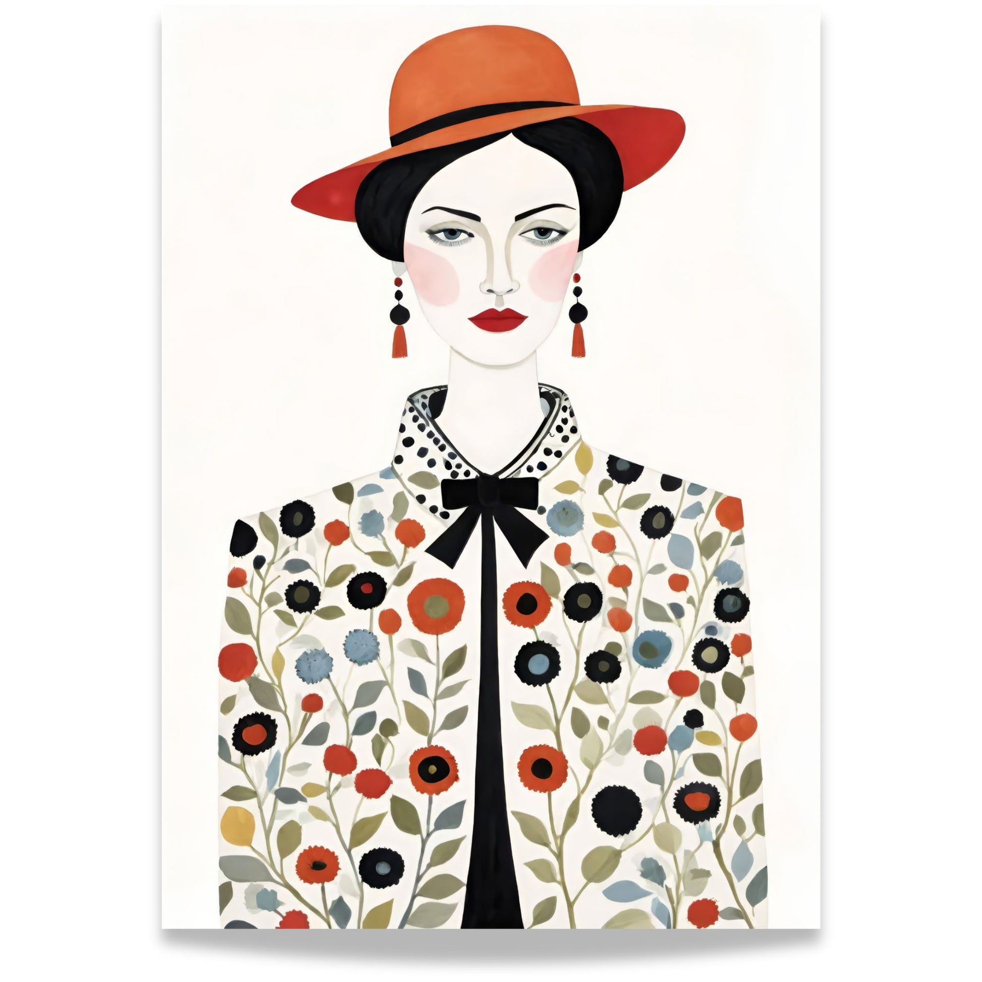 Denne elegante illustrasjonen kombinerer klassisk mote med et moderne uttrykk, og fremhever en stilfull kvinne i en blomsterinspirert jakke og en karakteristisk hatt i varme rødtoner.