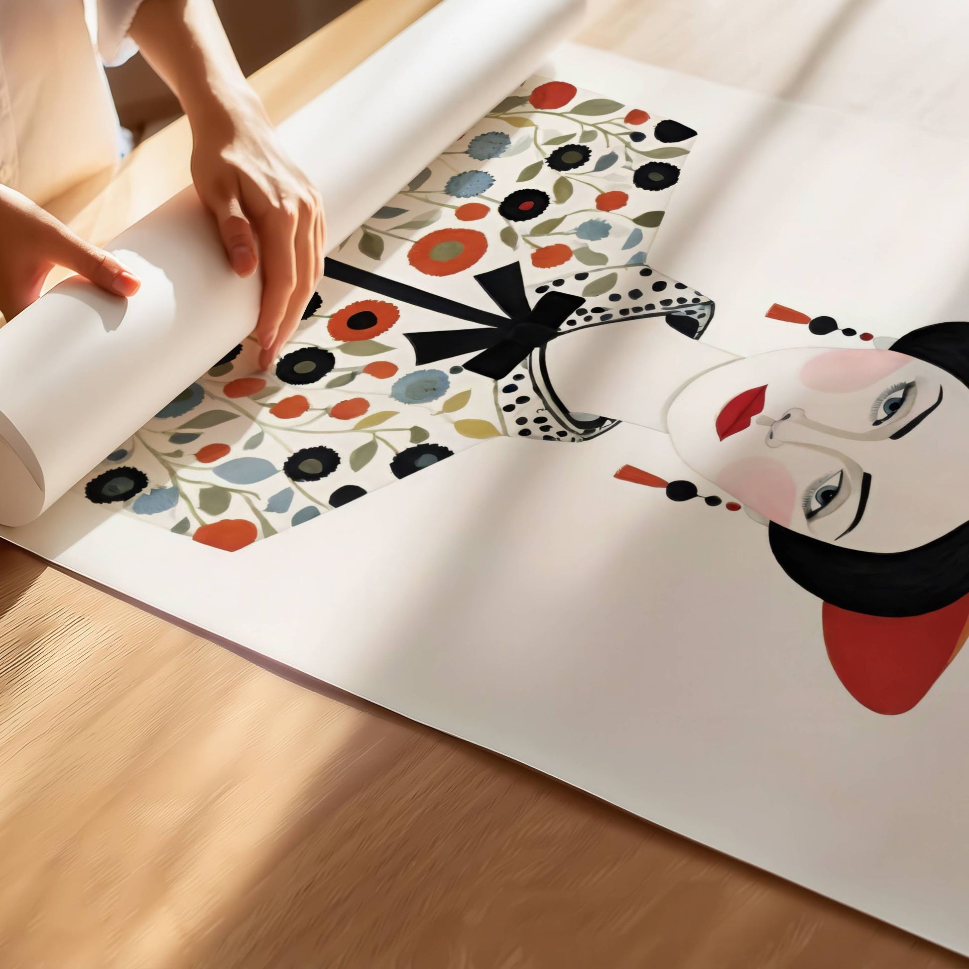 Denne elegante illustrasjonen kombinerer klassisk mote med et moderne uttrykk, og fremhever en stilfull kvinne i en blomsterinspirert jakke og en karakteristisk hatt i varme rødtoner. Illustrasjon viser plakat på print.