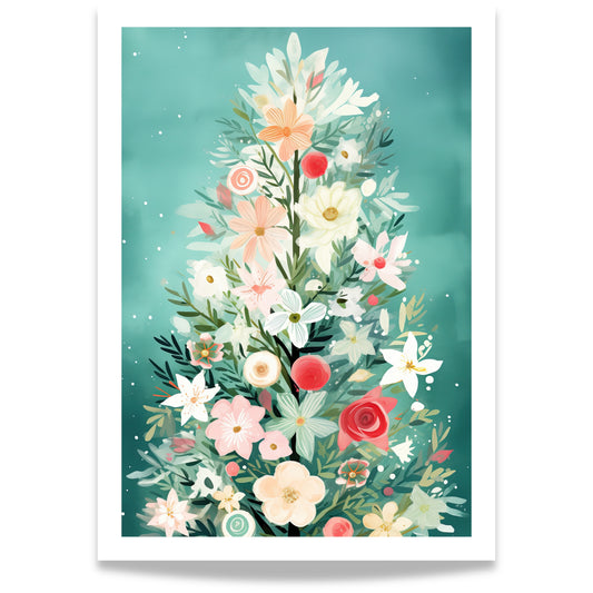 Et poetisk juletre satt sammen av blomster i vinterlige pasteller – et elegant møte mellom natur og høytid