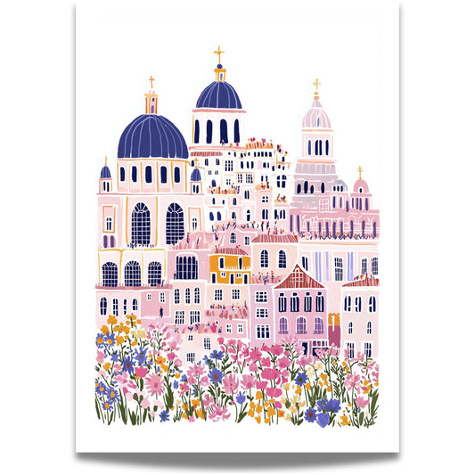Floral Cityscape er en livlig kunstplakat og lerret som kombinerer storbyens arkitektoniske prakt med en eksplosjon av blomstrende farger.