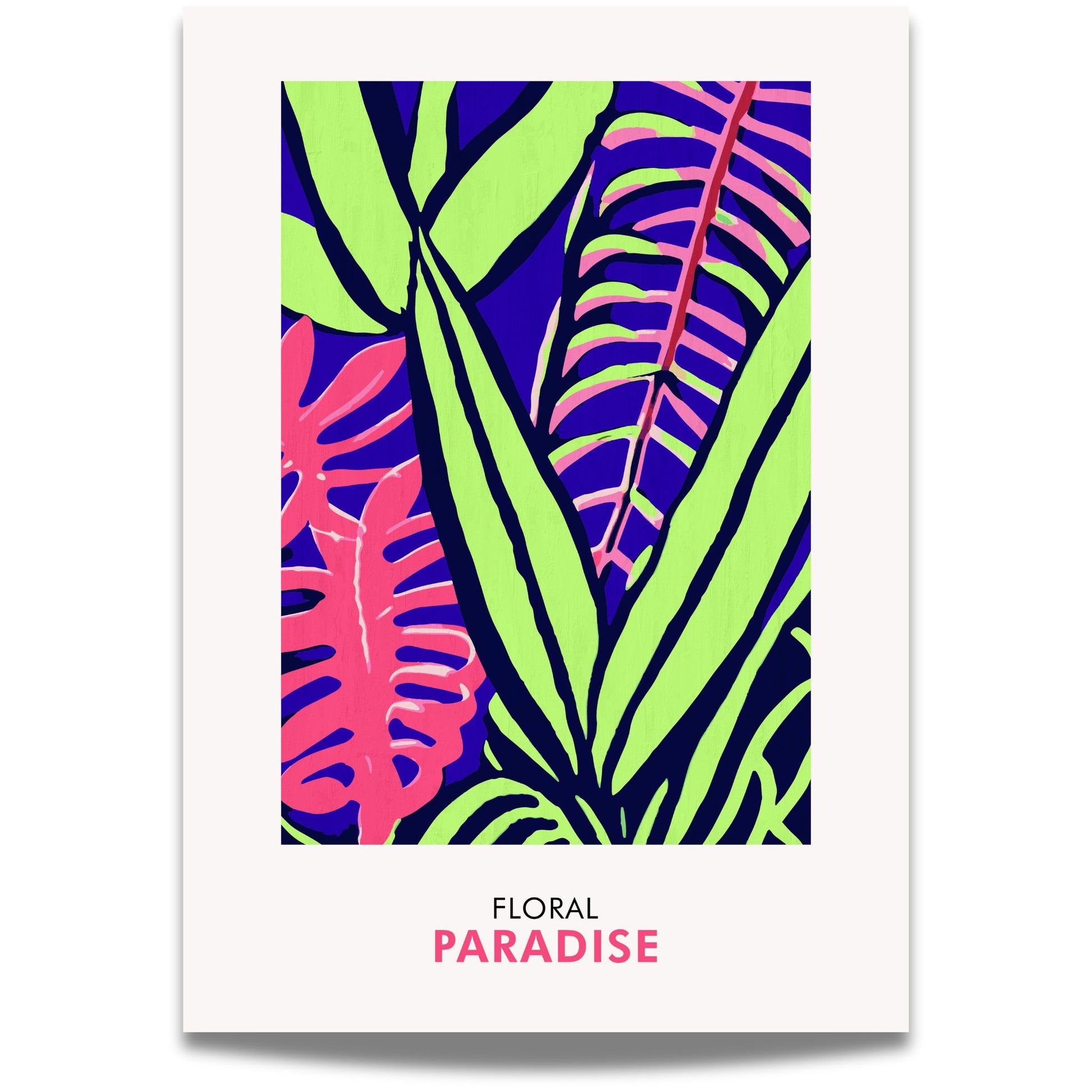 Floral Paradise No1 er en eksplosjon av farger og former – en botanisk plakat med tropiske blader i intens neonstil. 
