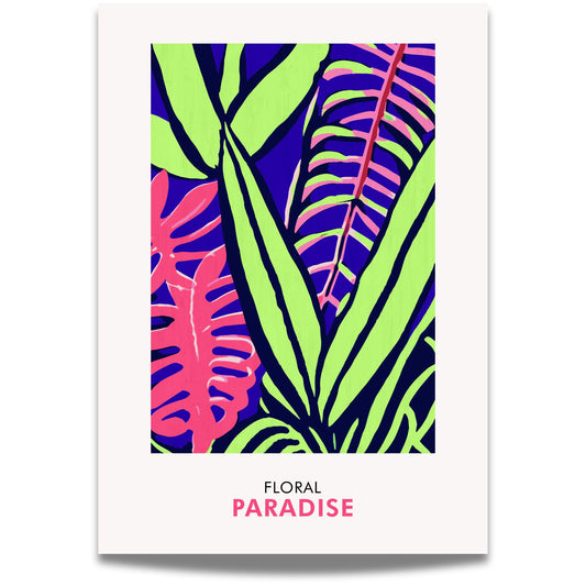 Floral Paradise No1 er en eksplosjon av farger og former – en botanisk plakat med tropiske blader i intens neonstil. 