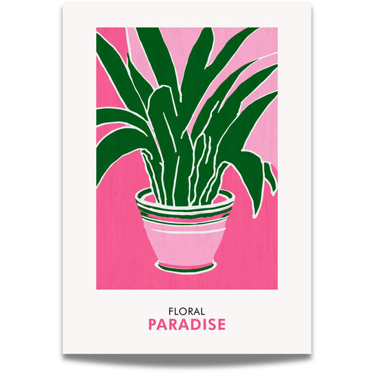Floral Paradise No3 viser en frodig grønn plante i potte mot en sterk rosa bakgrunn – en visuell hyllest til naturen i moderne form. 