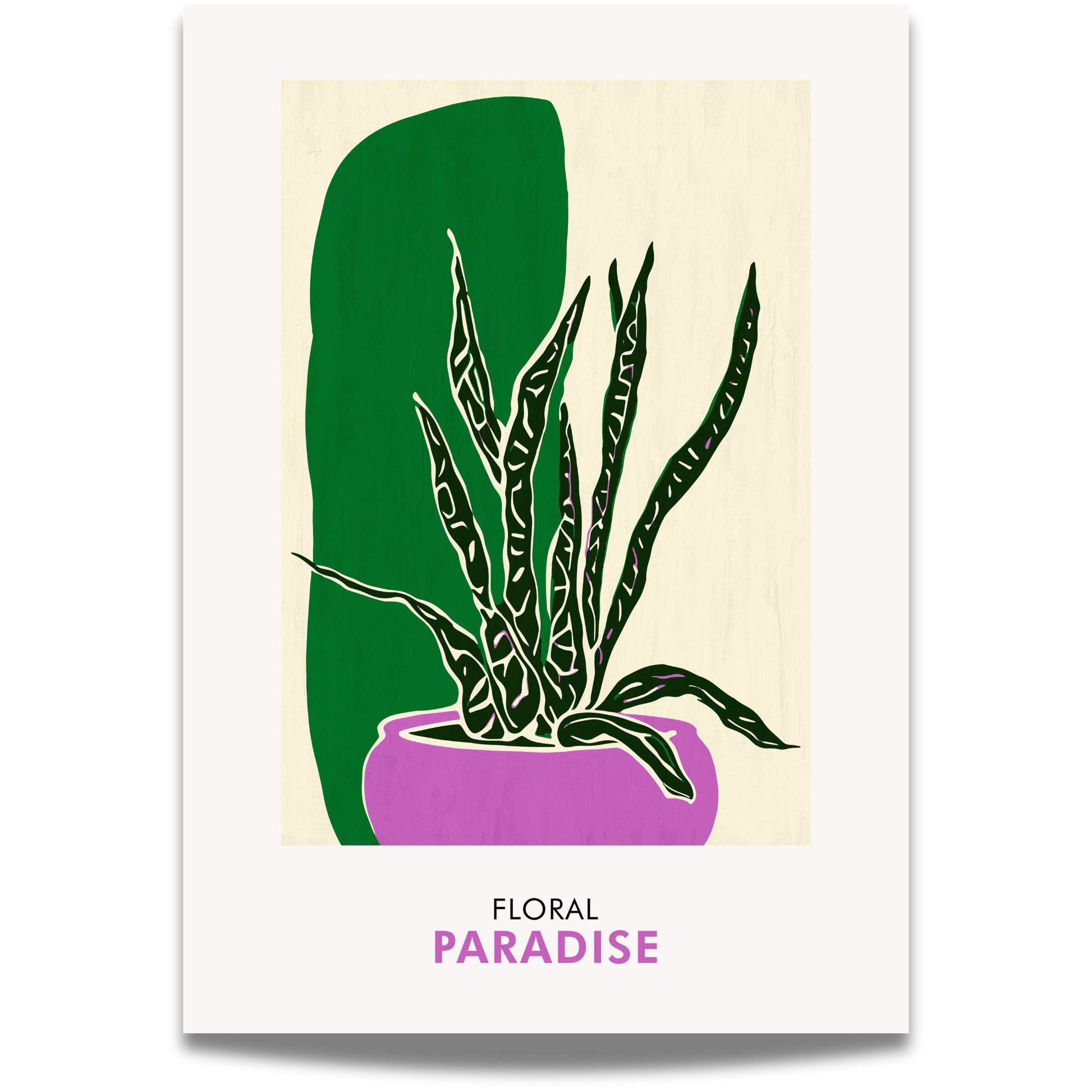 Floral Paradise No4 er en stilfull botanisk plakat med slangeplante i lilla potte og myk naturbakgrunn. 