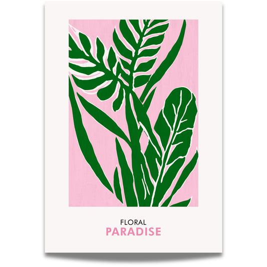 Floral Paradise No5 kombinerer forskjellige grønne blader med en leken rosa bakgrunn.