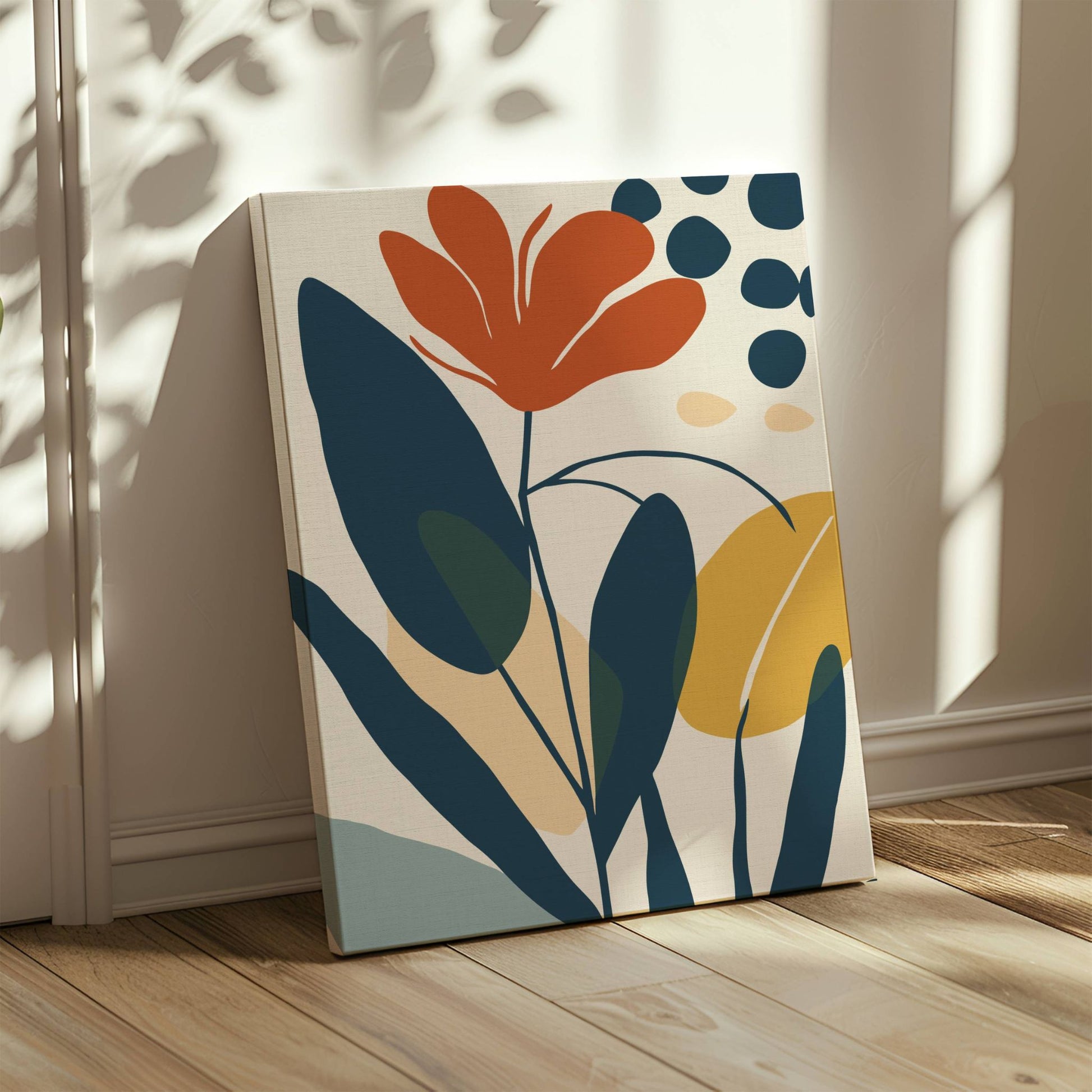 Få naturens skjønnhet inn i hjemmet ditt med Flourish – et moderne botanisk kunstverk med et stilisert uttrykk. Illustrasjon viser motivet på lerret.