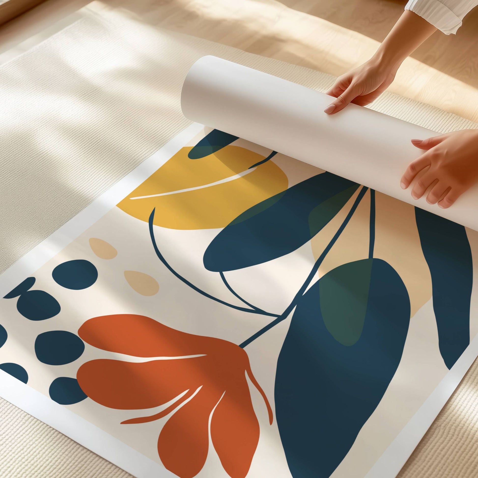 Få naturens skjønnhet inn i hjemmet ditt med Flourish – et moderne botanisk kunstverk med et stilisert uttrykk. Illustrasjon viser motivet på print.