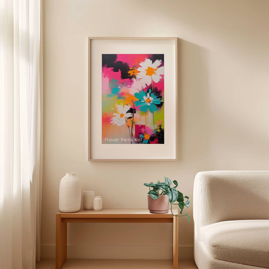 Dette dynamiske kunstverket kombinerer sterke kontraster, livlige blomster og abstrakte penselstrøk for å skape en følelse av glede og vitalitet.  Illustrasjon viser plakat i lys ramme.