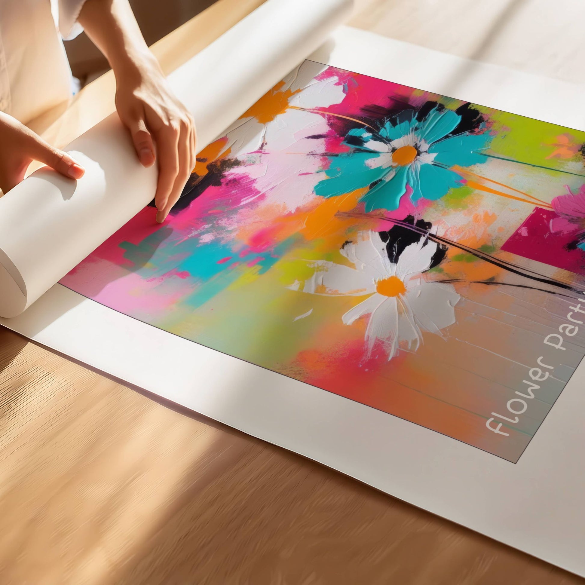 Dette dynamiske kunstverket kombinerer sterke kontraster, livlige blomster og abstrakte penselstrøk for å skape en følelse av glede og vitalitet.  Illustrasjon viser print av plakat.
